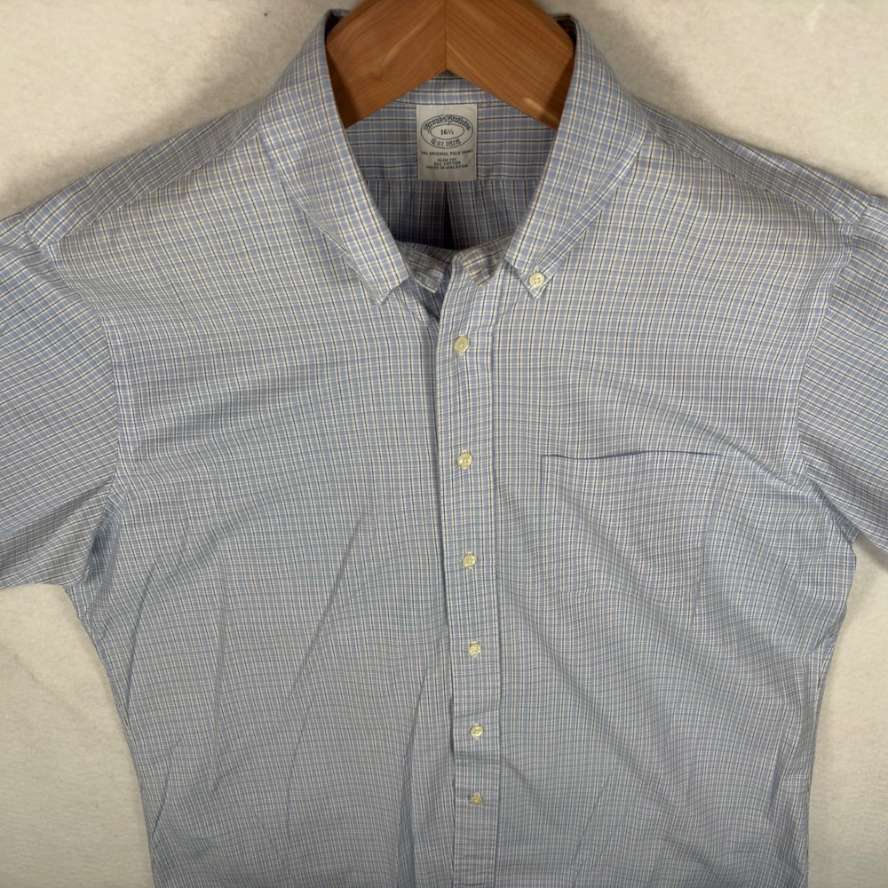 Brooks Brothers Mens 16.5 Slim Fit Short Sleeve Button Down Shirt Blue Check